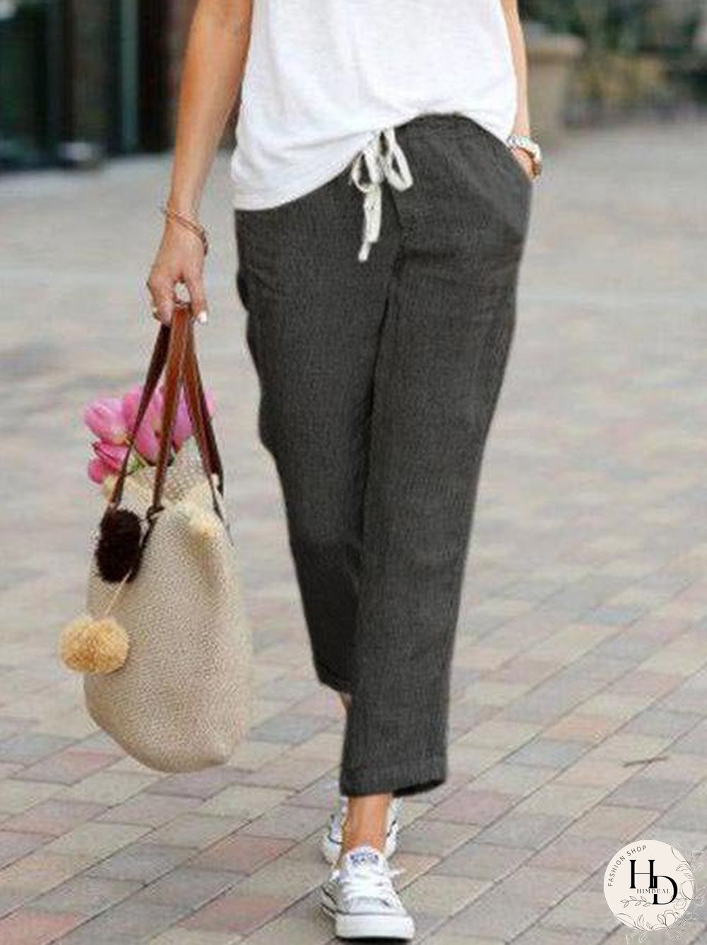 Solid Drawstring Casual Linen Pants