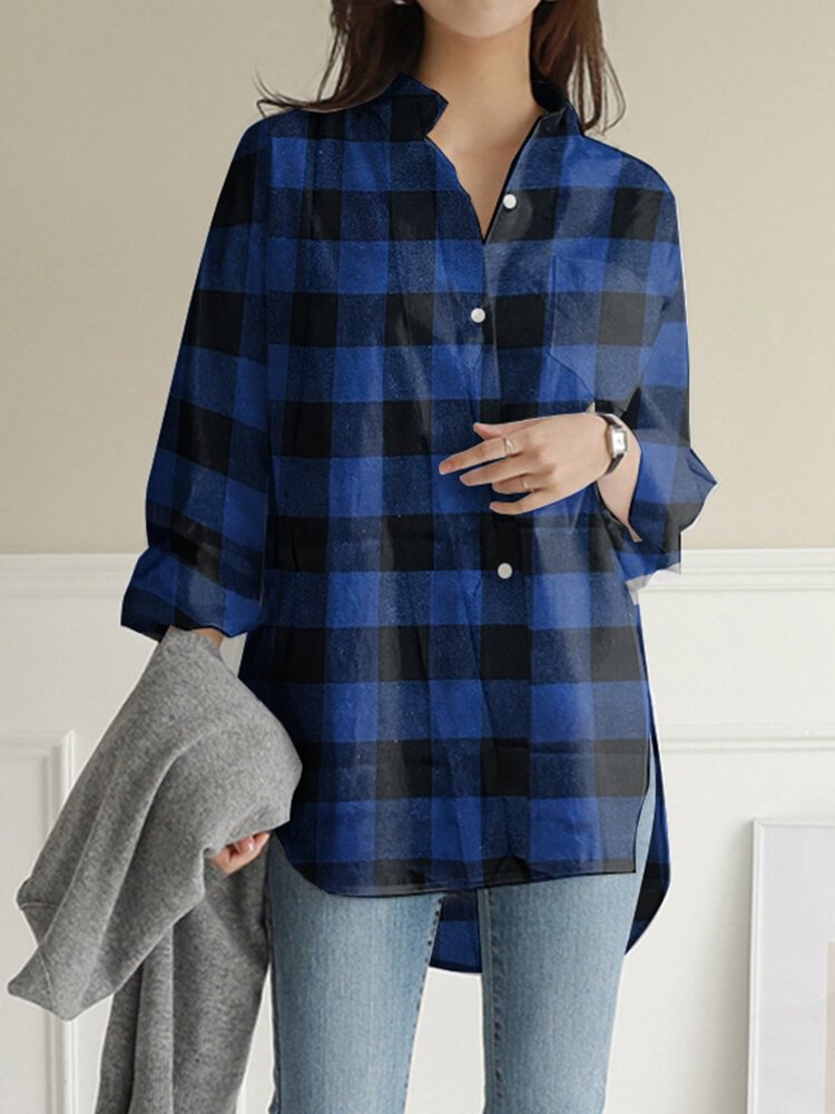 Plaid Print Long Sleeves Casual Loose Blouse With Pockets P1735768
