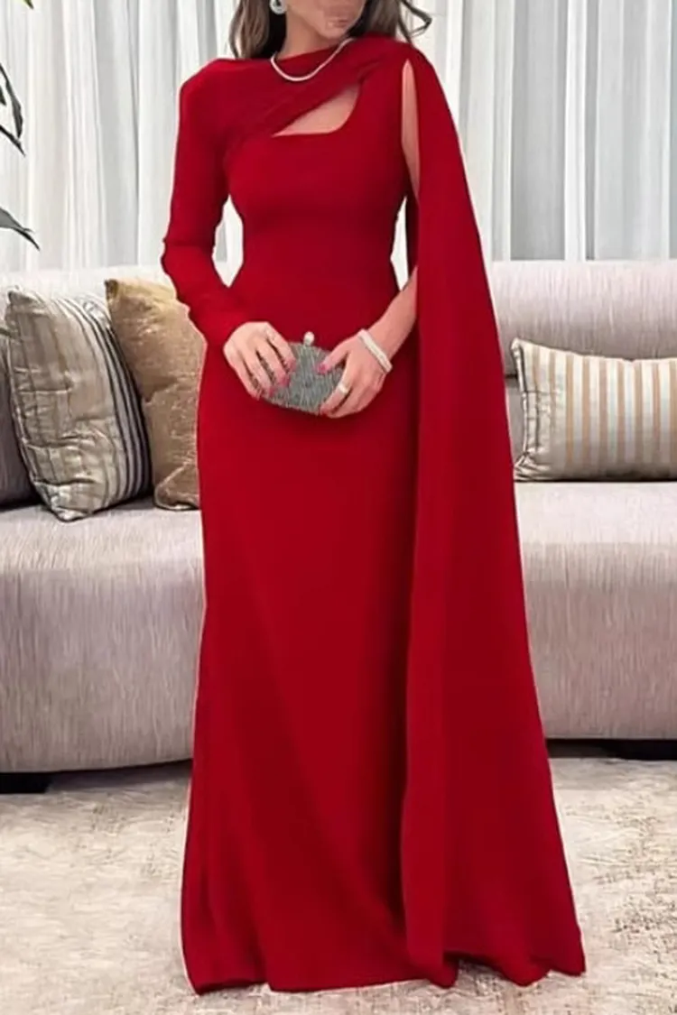 Irregular Neck Long Streamer Party Asymmetric Maxi Dresses-Red