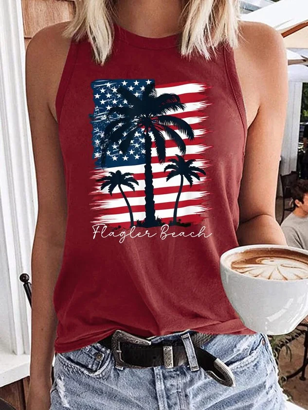 Women's Flagler Beach Patriotic American Flag Palm Trees Casual Tank Top socialshop