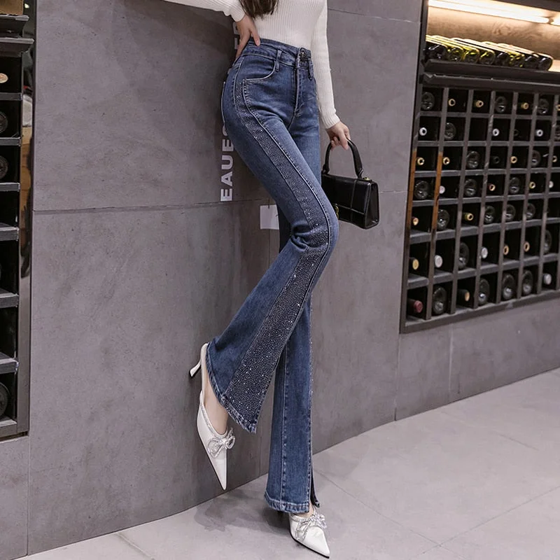 Rhinestones Flared Jeans Women High Waist Stretch Skinny Split Patchwork Denim Trousers Mujer Fashion Boot-Cut Pants Femme Black