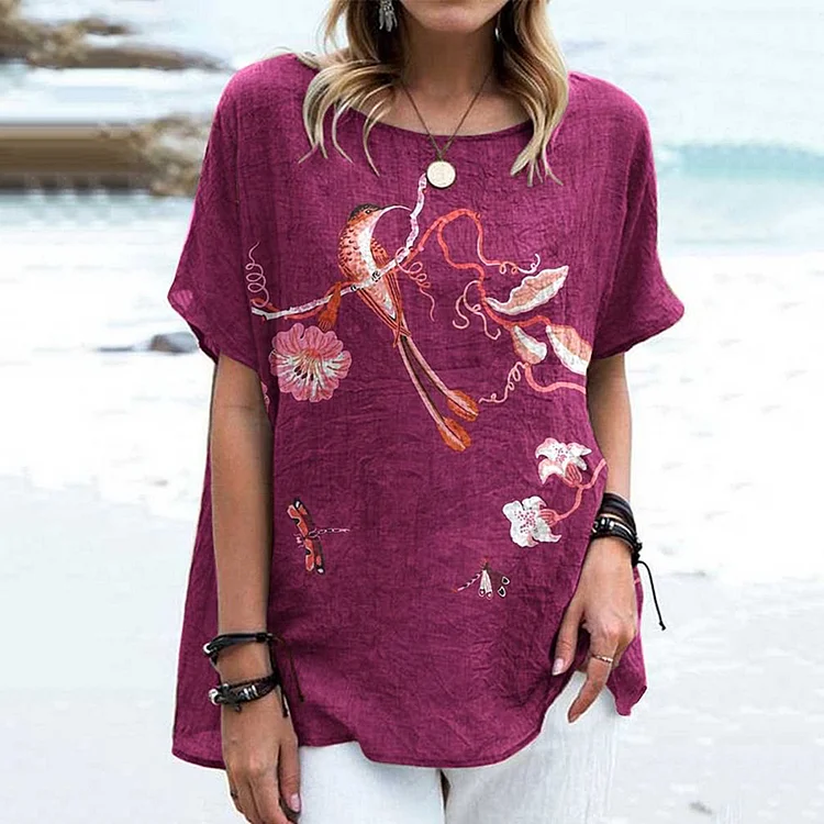 Flower And Bird Print Round Neck Loose T-Shirt