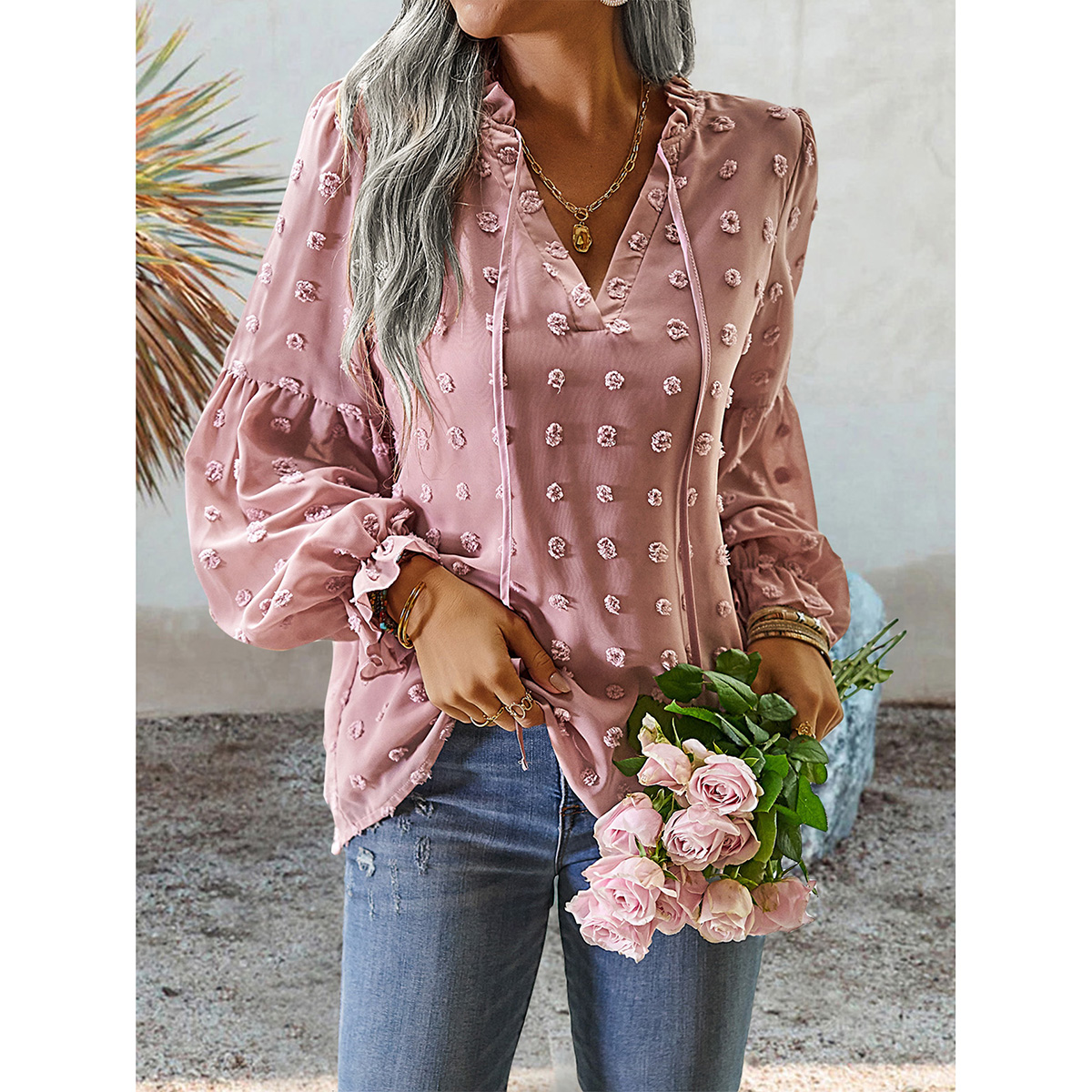 Elegant V-neck Office Lady Jacquard Long Sleeve Blouse