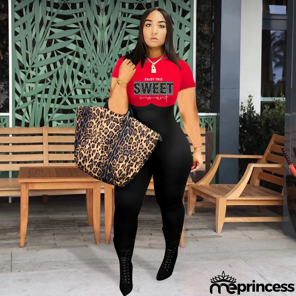 Plus Size Letter Print Contrast Color Short Sleeve Jumpsuits