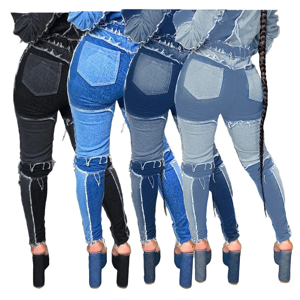 Women Patchwork Denim Pants Retro Sexy Jeans Ripped Pencil Panelled Trousers Street Skinny High Waist Lady Jean Pants