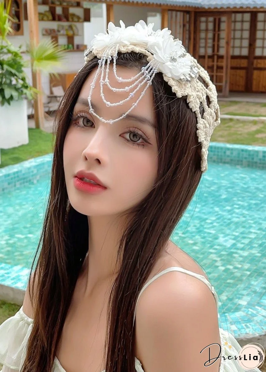 Handmade Beige Embroidery Nail Bead Cotton Knit Bonnie Hat