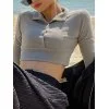 Polo Neck Long Sleeve Buttoned Crop Top