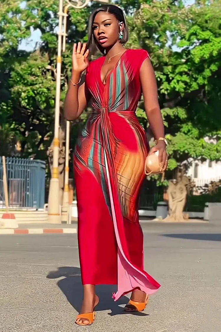 V Neck Sleeveless Print Wrapped Slim Vacation Maxi Dresses-Red [Pre Order]