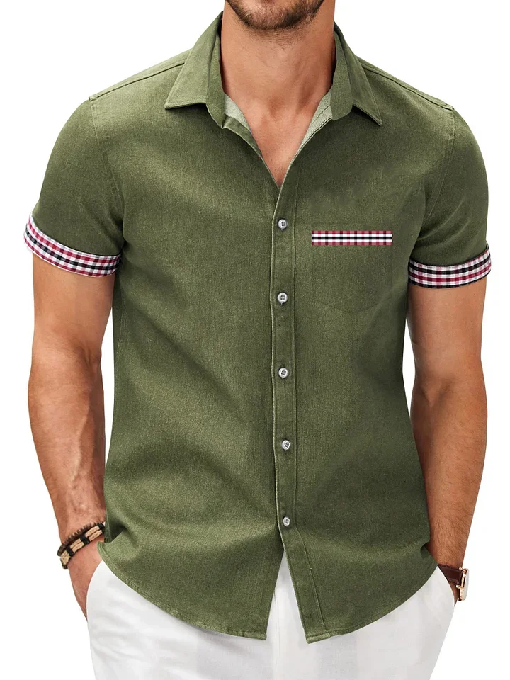 Suitmens Simple plaid patchwork short-sleeved shirt   1305