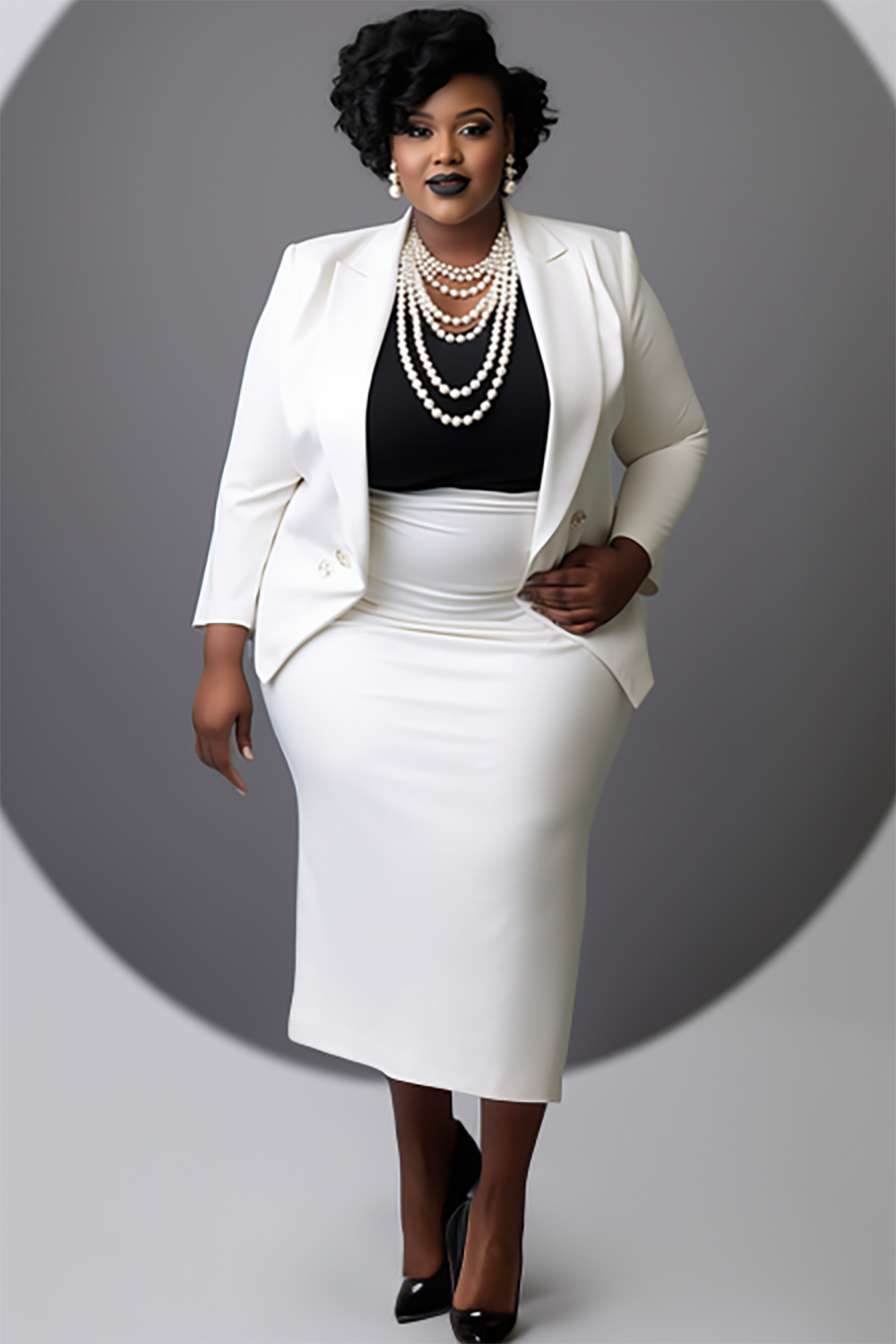 Design Plus Size Semi Formal Elegant White Spring Summer Turndown Collar Long Sleeve Button Blazer Suit Two Piece Skirt Sets [Pre-Order]