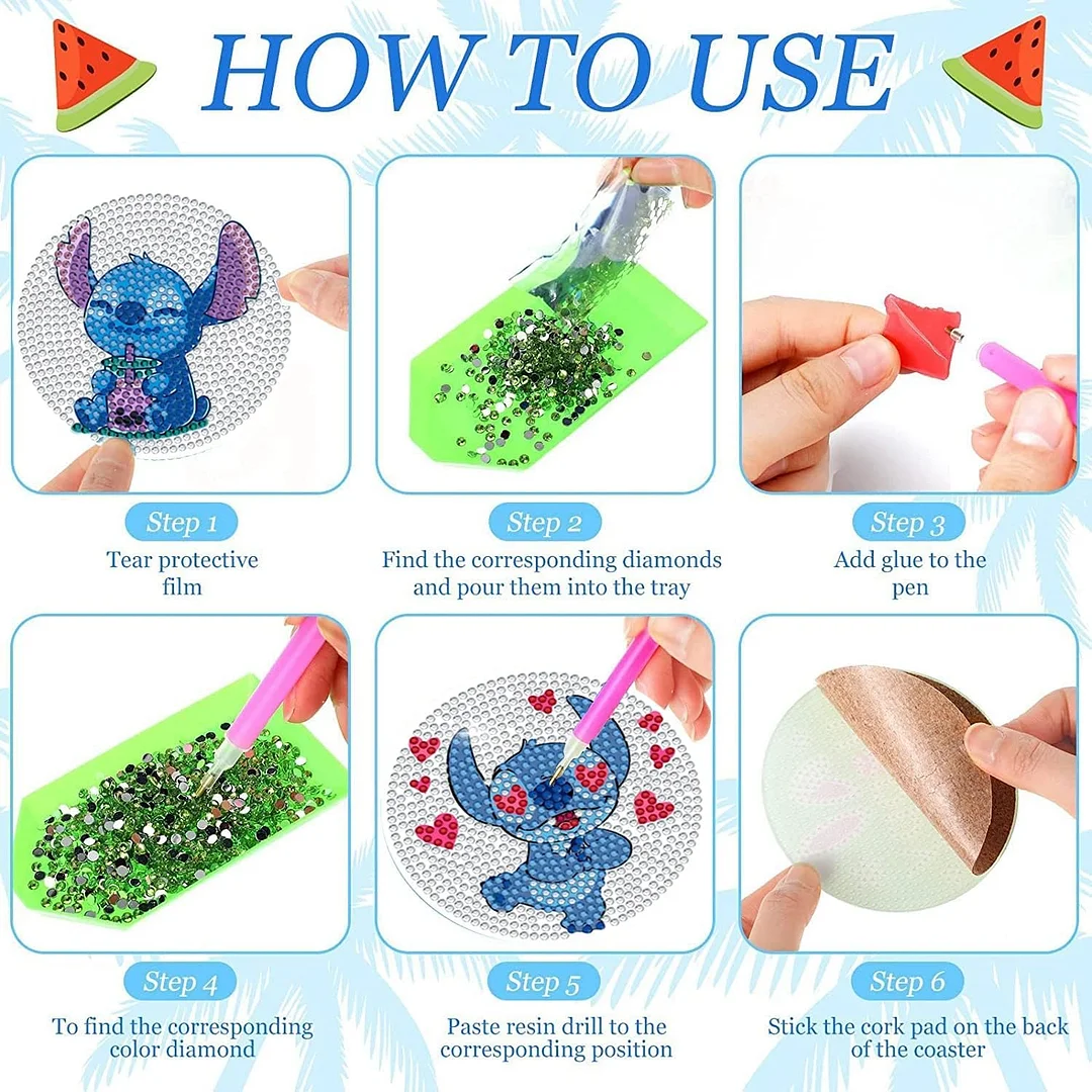 8pcs DIY Dazzling Holiday Wooden Single Sided Diamond Painting Art Coasters Kits with Holder