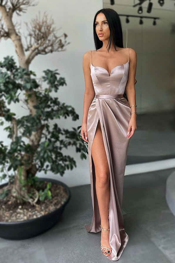 Daisda Spaghetti Strap Elegant Sleeveless Split Simple Prom Dress Gown
