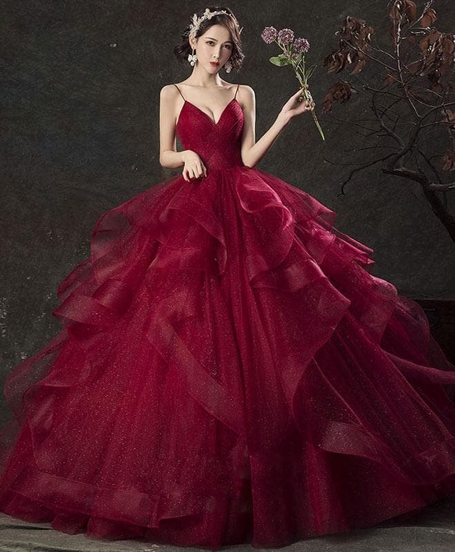 Burgundy V Neck Tulle Long Prom Dress, Burgundy Sweetheart Dress SP15627