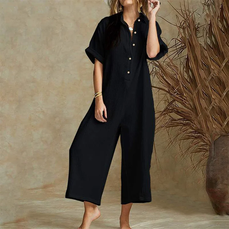 solid casual wide leg buttoned jumpsuit p264689
