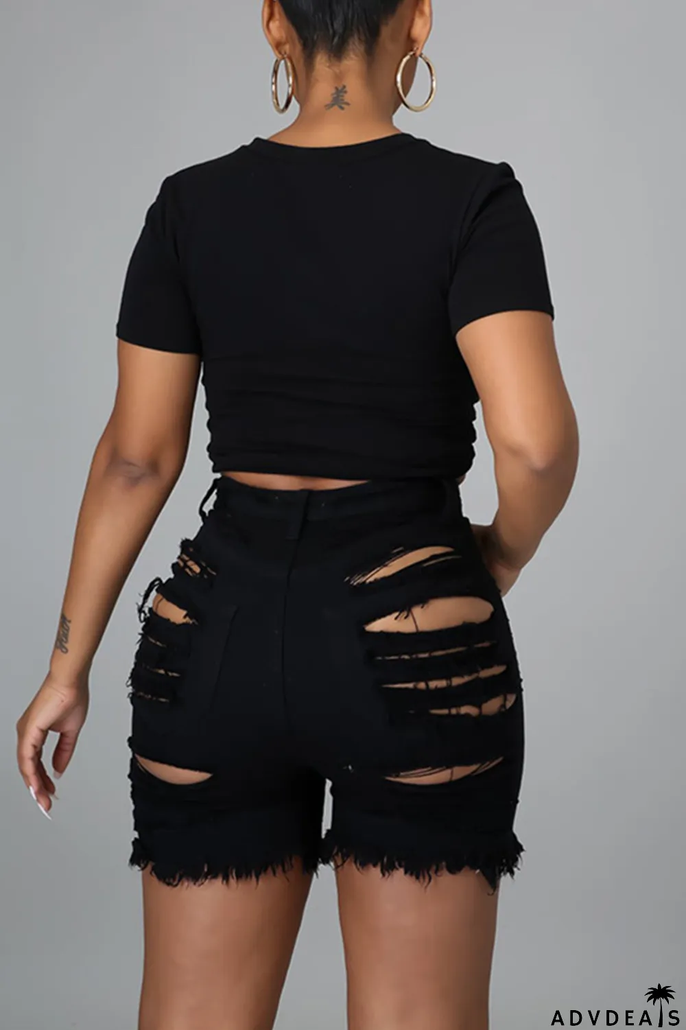 Black Fashion Casual Print Ripped V Neck T-Shirts