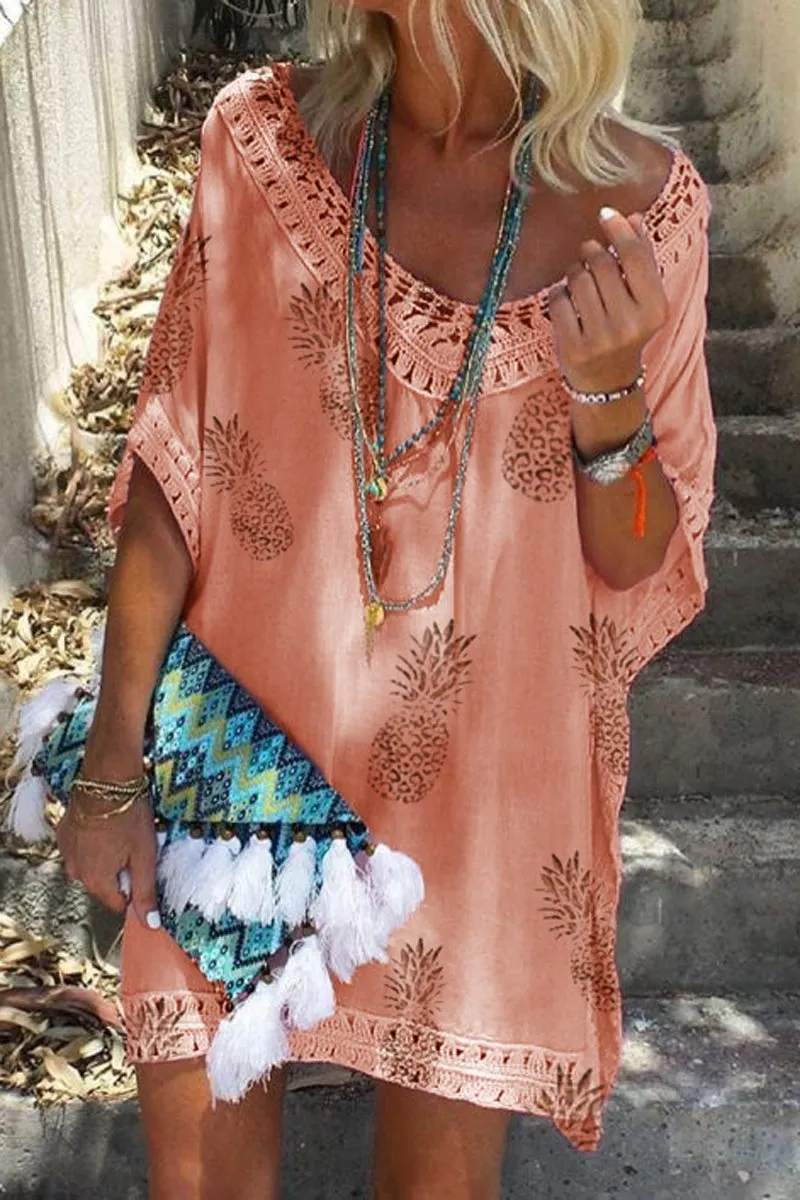 Fruit Print V-Neck Lace Patchwork Dress