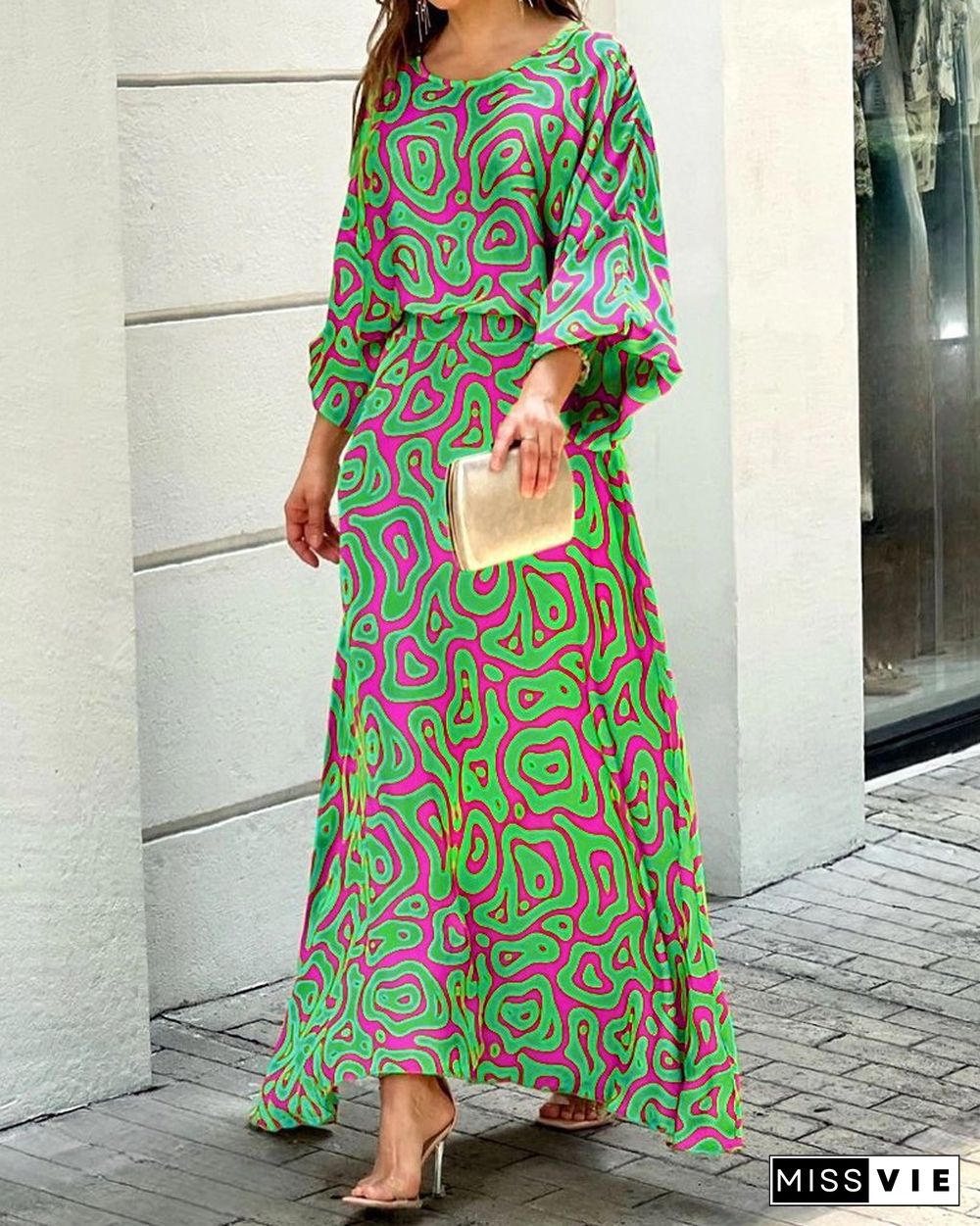 Summer New Loose Printed Maxi Dress Long-sleeved Top High-waisted Half-length Dress Suit Vestidos De Mujer