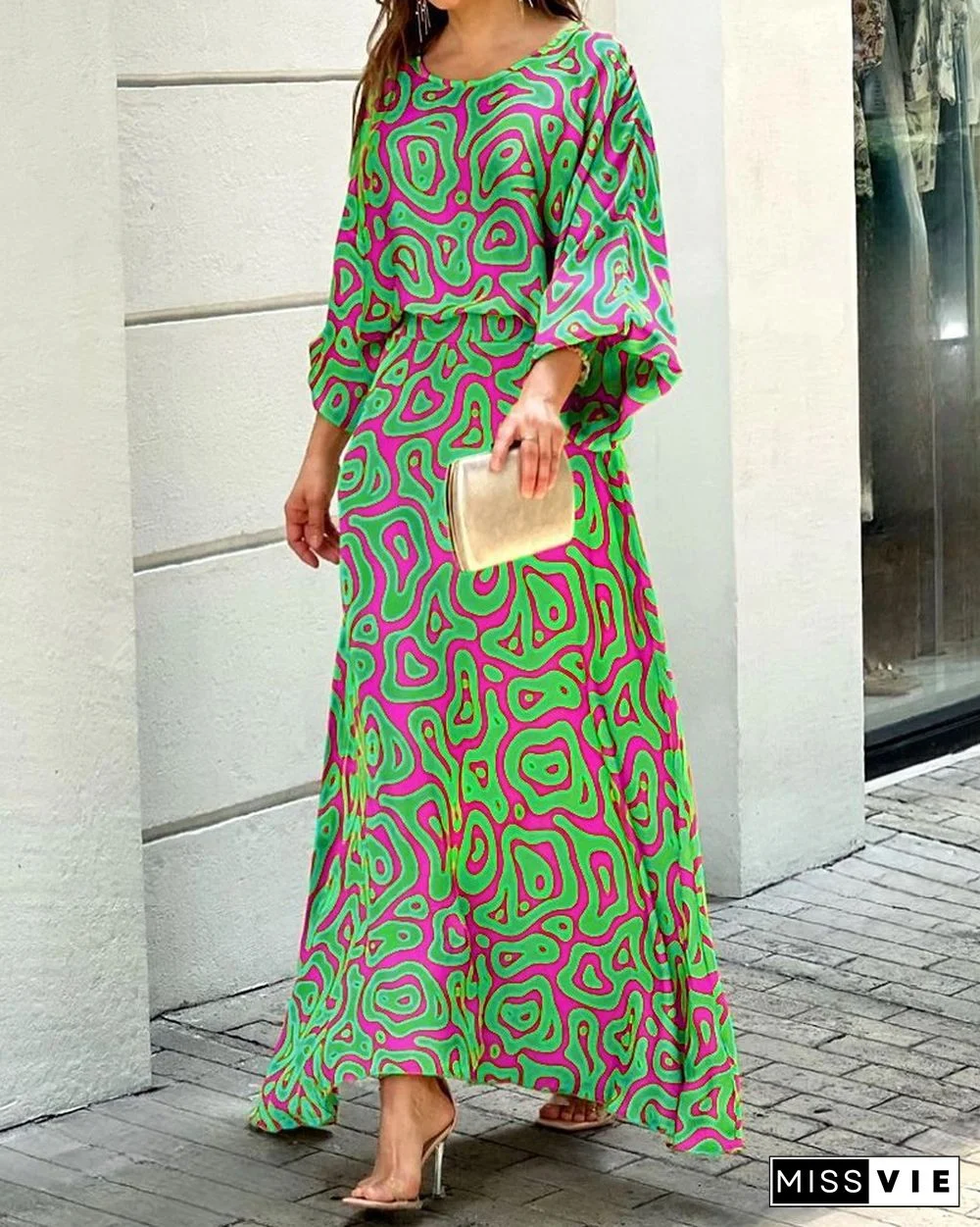 Summer New Loose Printed Maxi Dress Long-sleeved Top High-waisted Half-length Dress Suit Vestidos De Mujer