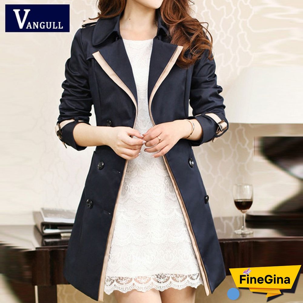 Vangull Brand Trench Coat for Women Turn-Down Collar Double Breasted Long Coats Plus Size