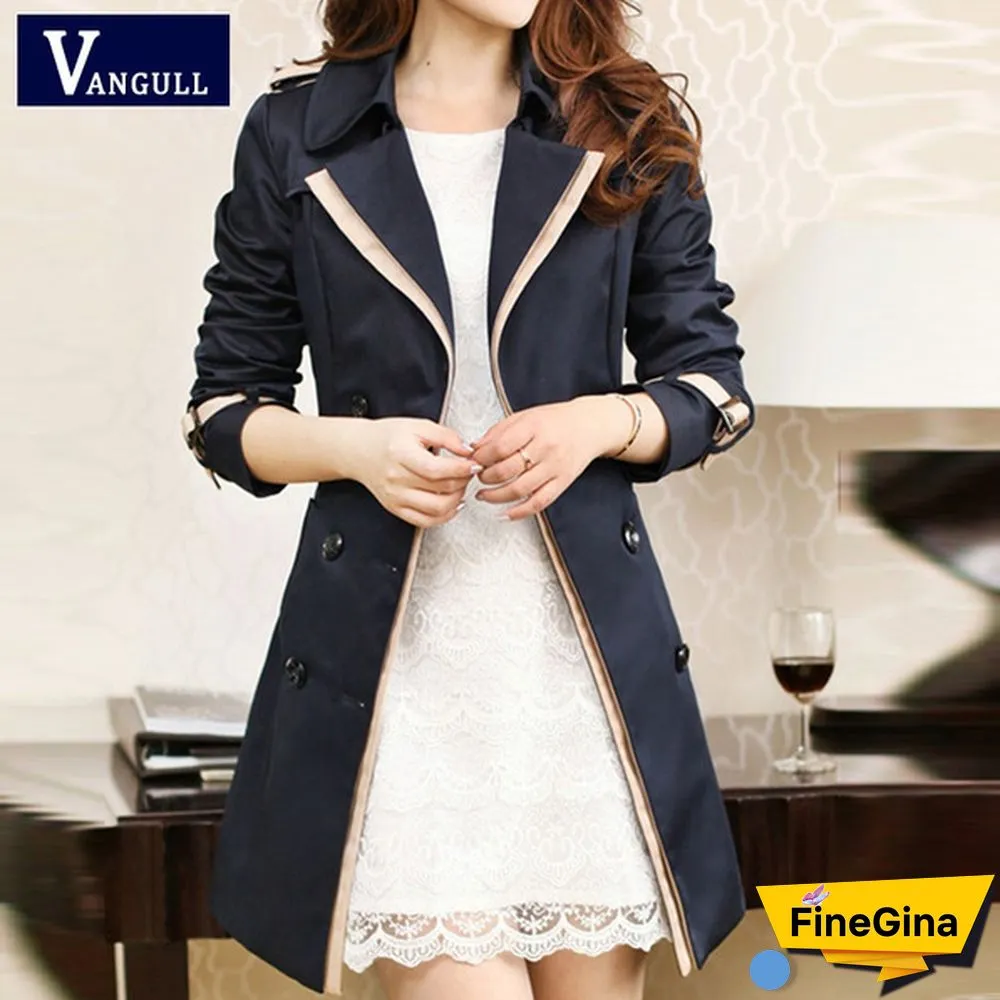 Vangull Brand Trench Coat for Women Turn-Down Collar Double Breasted Long Coats Plus Size