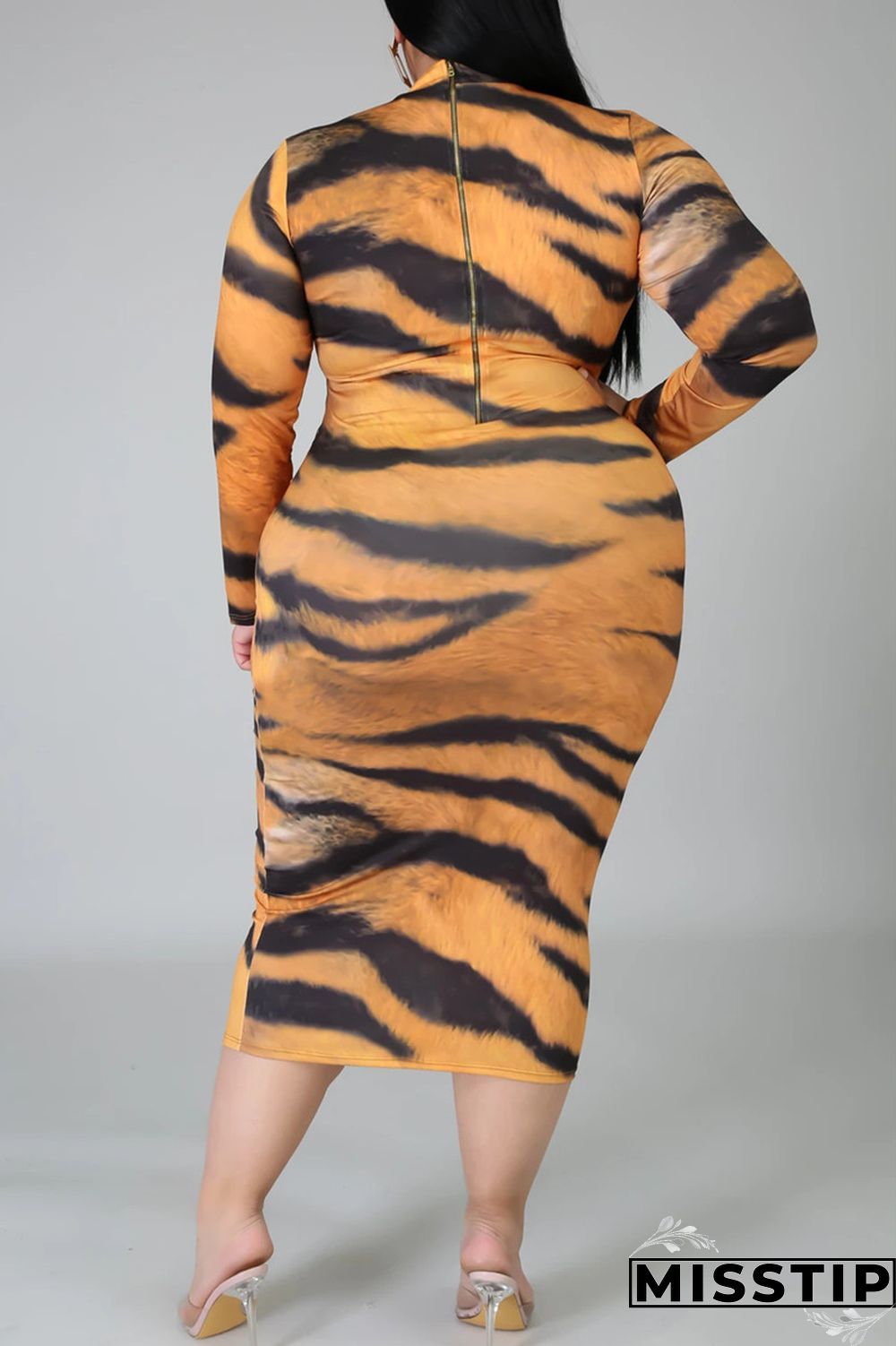 Leopard Print Fashion Casual Print Basic Half A Turtleneck Long Sleeve Plus Size Dress