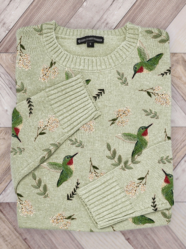 Comstylish Hummingbirds Floral Embroidery Pattern Cozy Knit Sweater