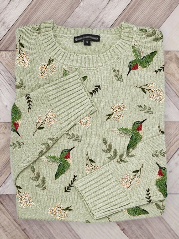 VChics Hummingbirds Floral Embroidery Pattern Cozy Knit Sweater