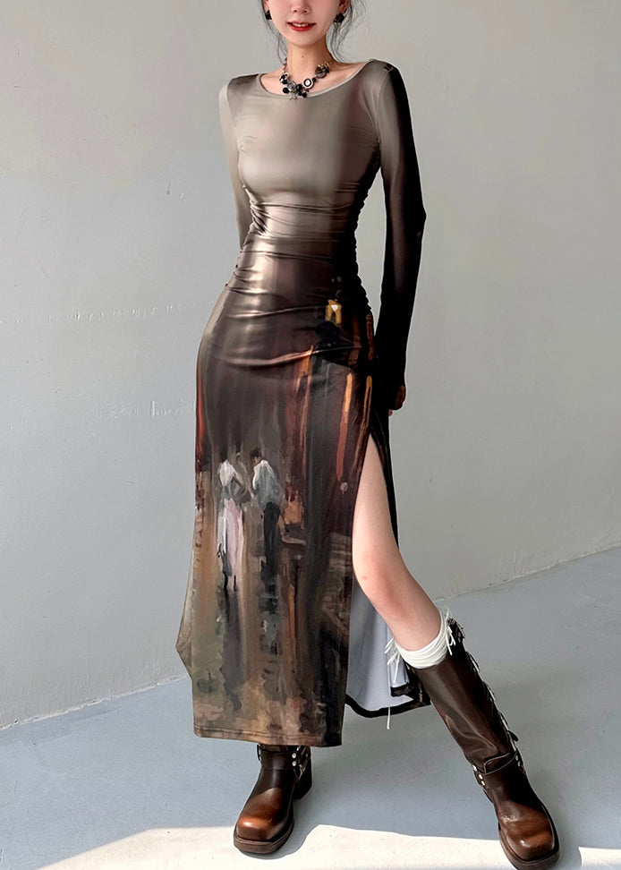 VCSHOES Retro Oil Painting Printed Side Open Dress Autumn