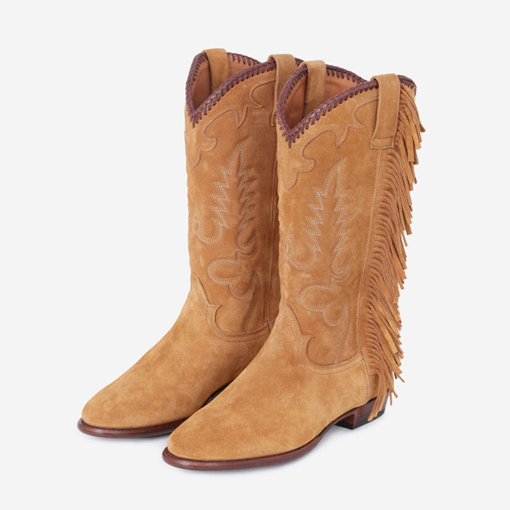 Tan Embroidered Round Toe Flat Mid-Calf Cowgirl Boots with Fringe Nicepairs