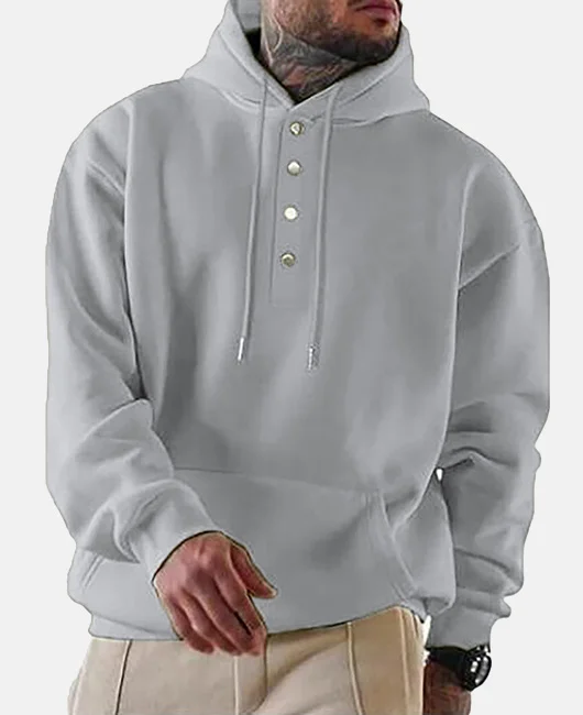 Casual Solid Buttons Pocket Long Sleeve Drawstring Hoodie 