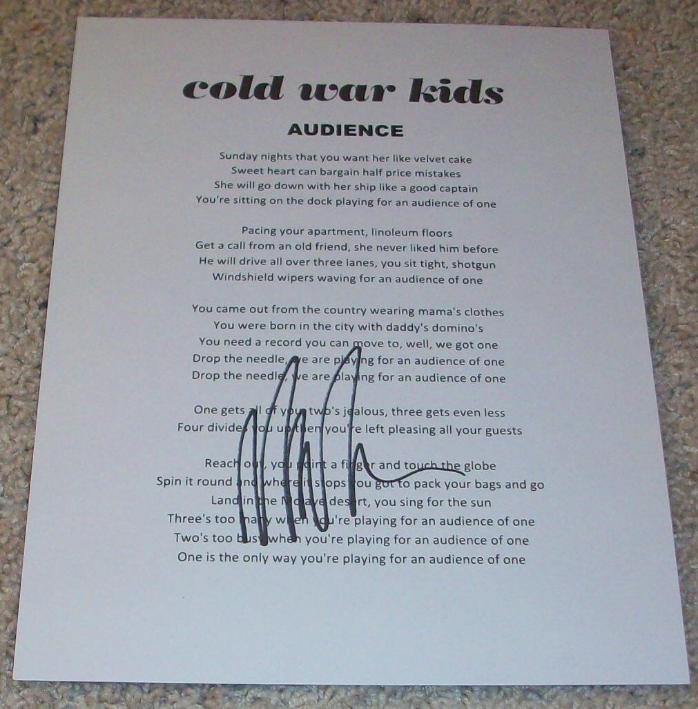 NATHAN WILLETT SIGNED AUTOGRAPH COLD WAR KIDS AUDIENCE LYRICS SHEET w/PROOF