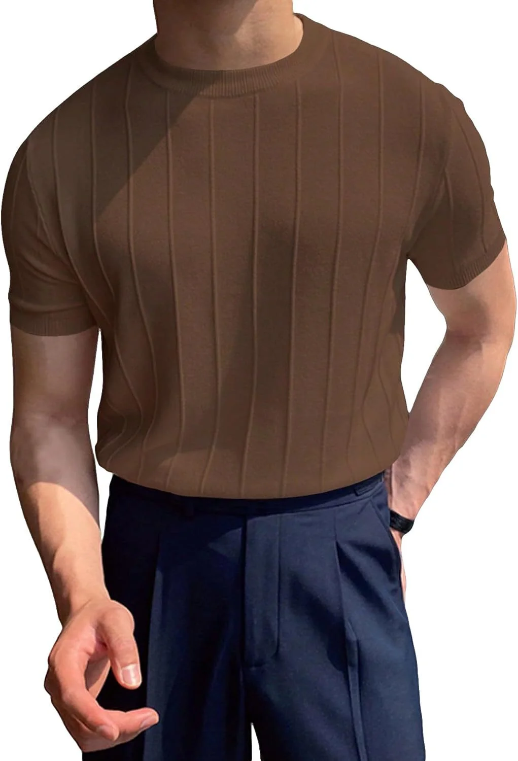 Wongn Wongn Summer New Men's Round Collar Solid Color Long-Sleeved Knit Jacket Hollow Out Breathable Cool Short-Sleeved T-Shirt