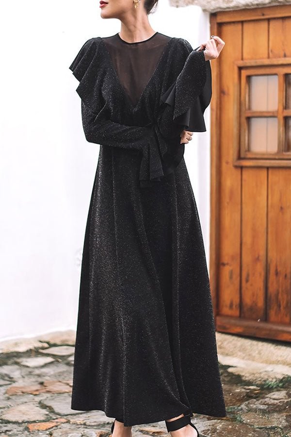 Black Mesh Panel Ruffled Sequin Dress - Life is Beautiful for You - SheChoic