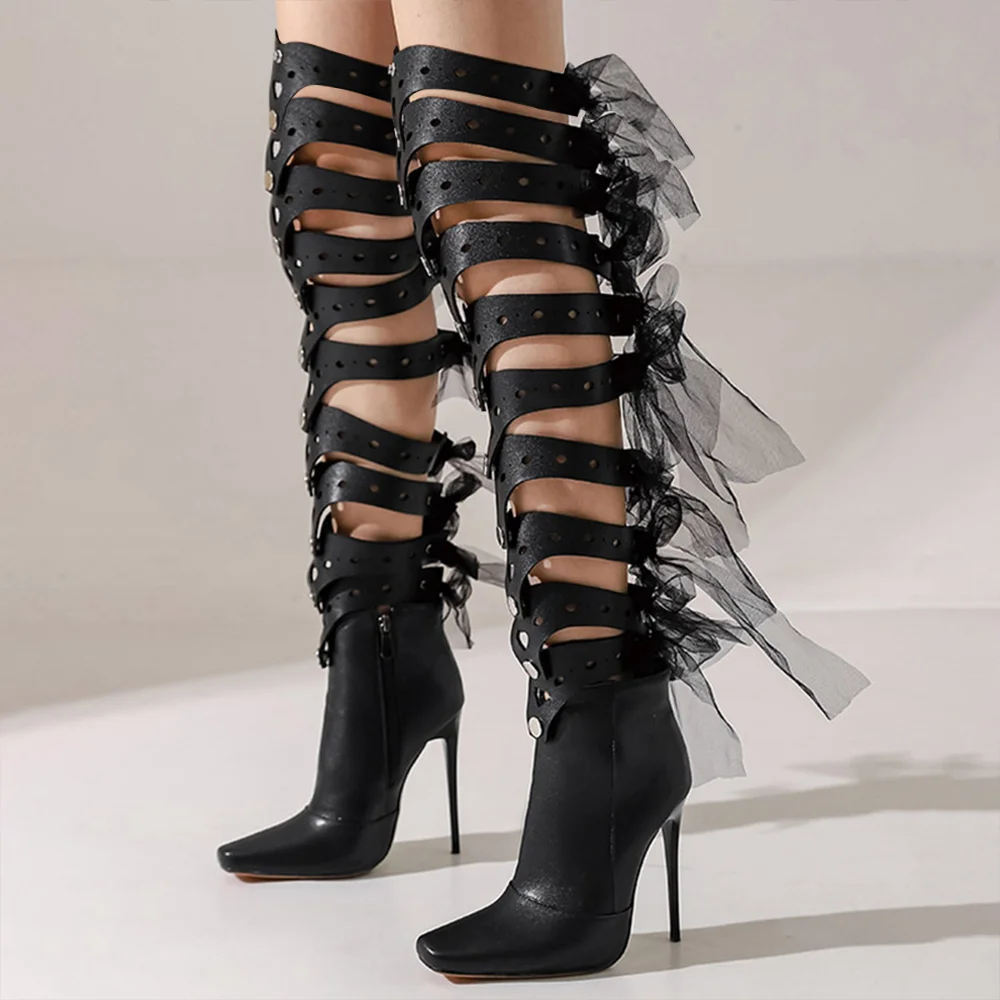 Black  Hollow Knee Boots Mesh Ribbon Stiletto Boots Nicepairs