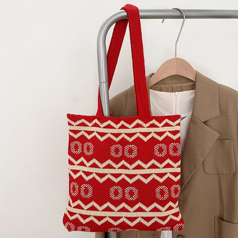 Women’s Knit Stripe Classic Style Weave Square Open Shoulder Bag Handbag