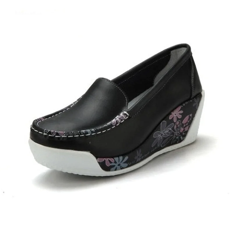  New Women's Genuine Leather Platform Shoes Wedges White Lady Casual Shoes Swing Mother Shoes Size 35-40