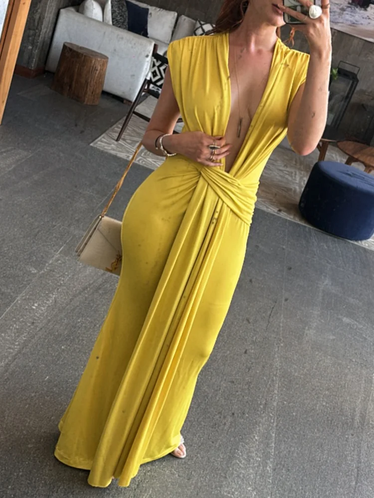 Sexy Solid Color Sleeveless Deep V Neck Dress