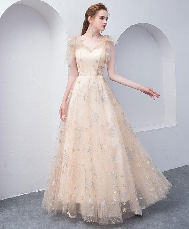Champagne Tulle Long Prom Dress, Champagne Evening Dress