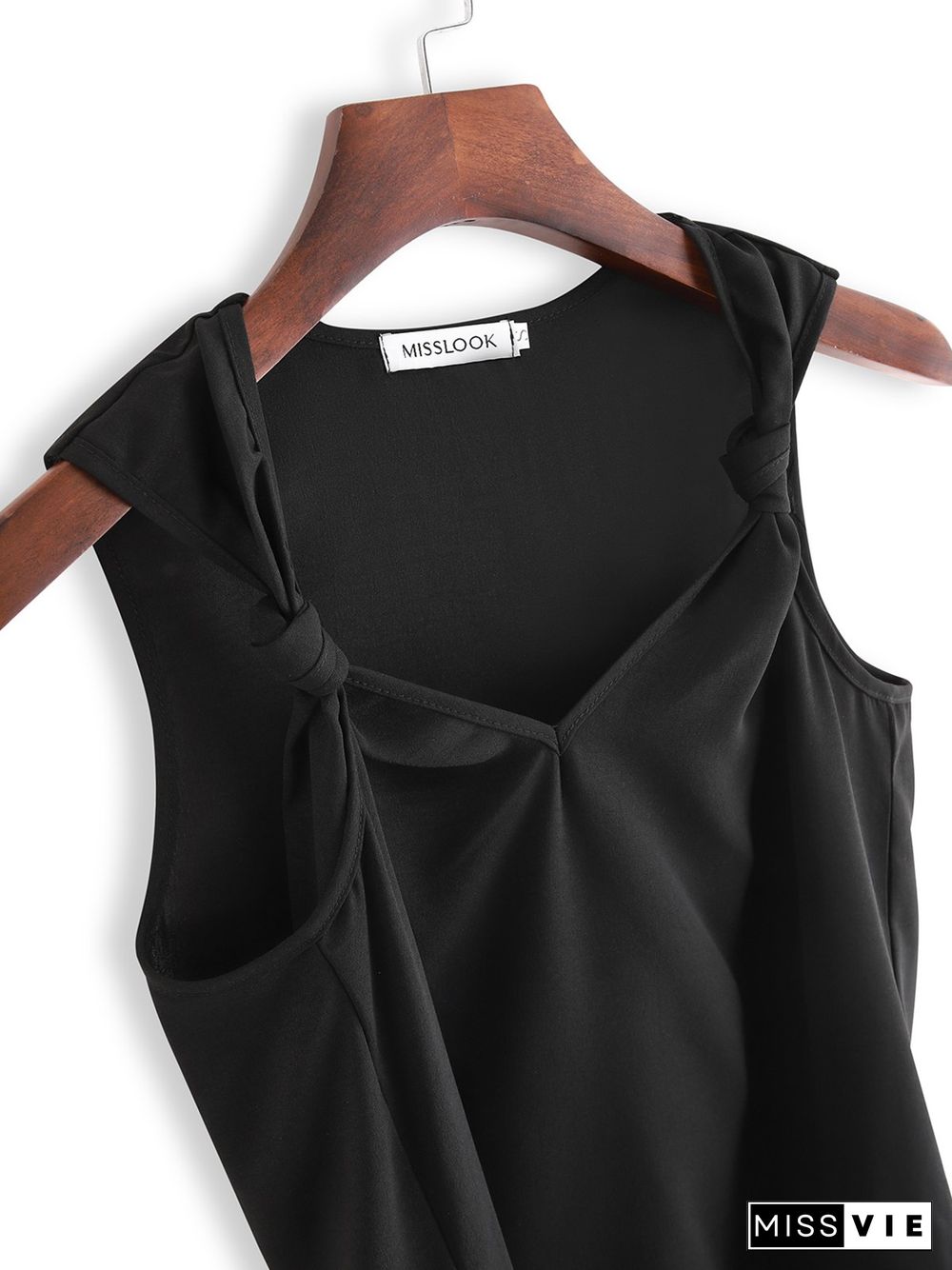 Vintage Tied Detail Sleeveless Solid V Neck Plus Size Casual Vest Tops