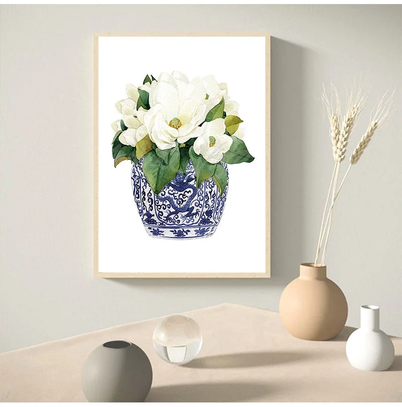 White Orchid & Magnolia Watercolor Chinoiserie Decor Canvas Print Oriental Vase Blue White Willow Style Porcelain Flower Jar