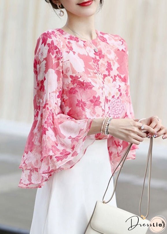 Modern Pink Print Chiffon Shirts Tops Flare Sleeve