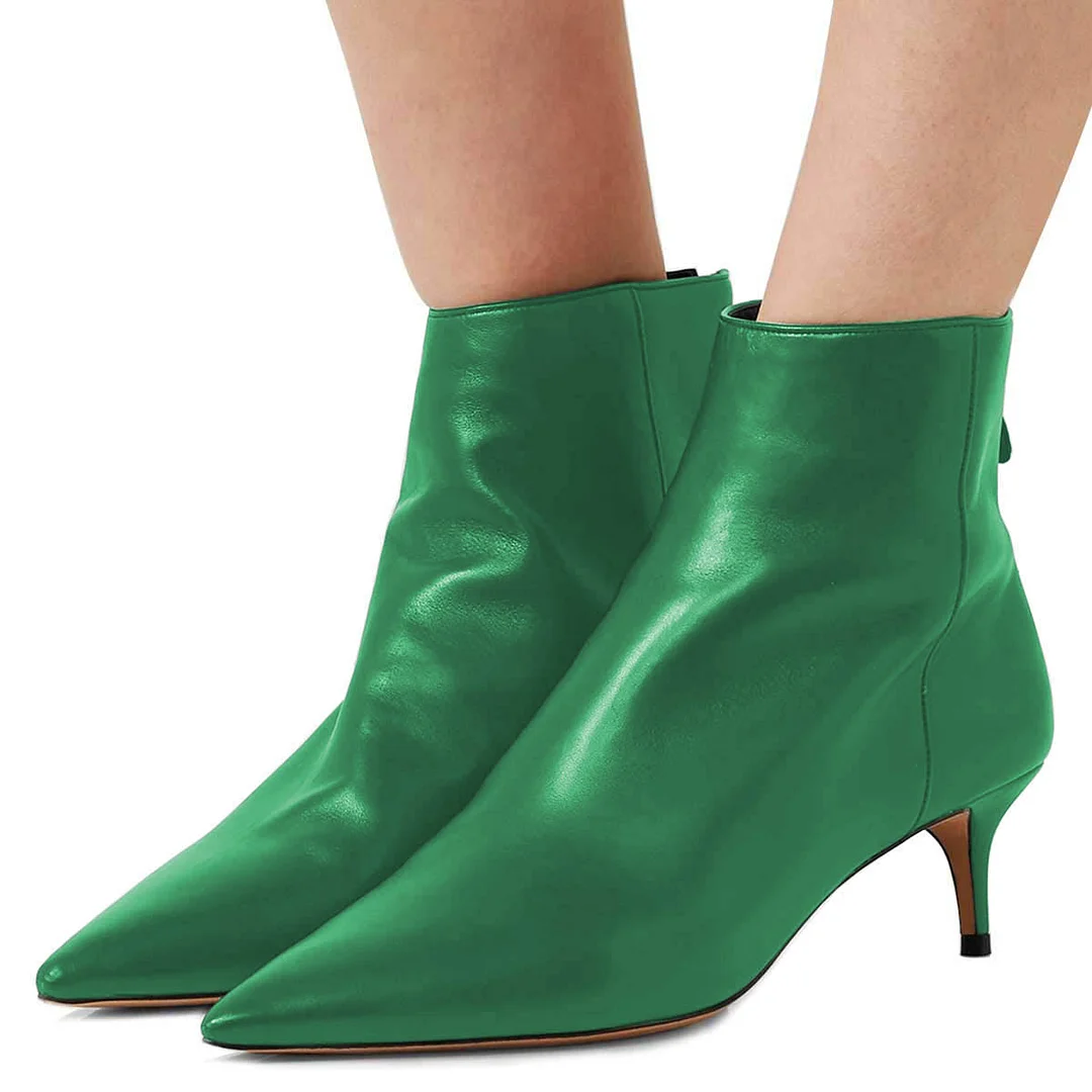 Green Vegan Leather Pointed Toe Kitten Heel Ankle Boots with Zipper