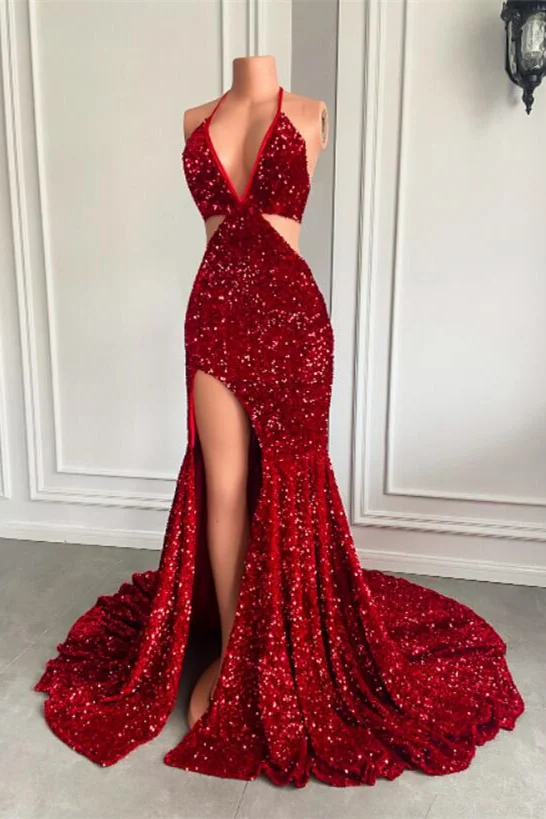 Daisda Halter Wine Red Sequins Mermaid Prom Dress With Split