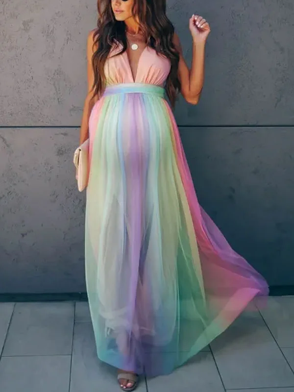 Maternity Rainbow Striped Maxi Photoshoot Dress