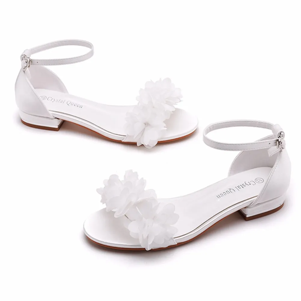 Breakj Breakj Cm Square With A Shallow Mouth With Buckle Sandals Ivory White Silk Satin Bridal White Flowers Sandals Woman
