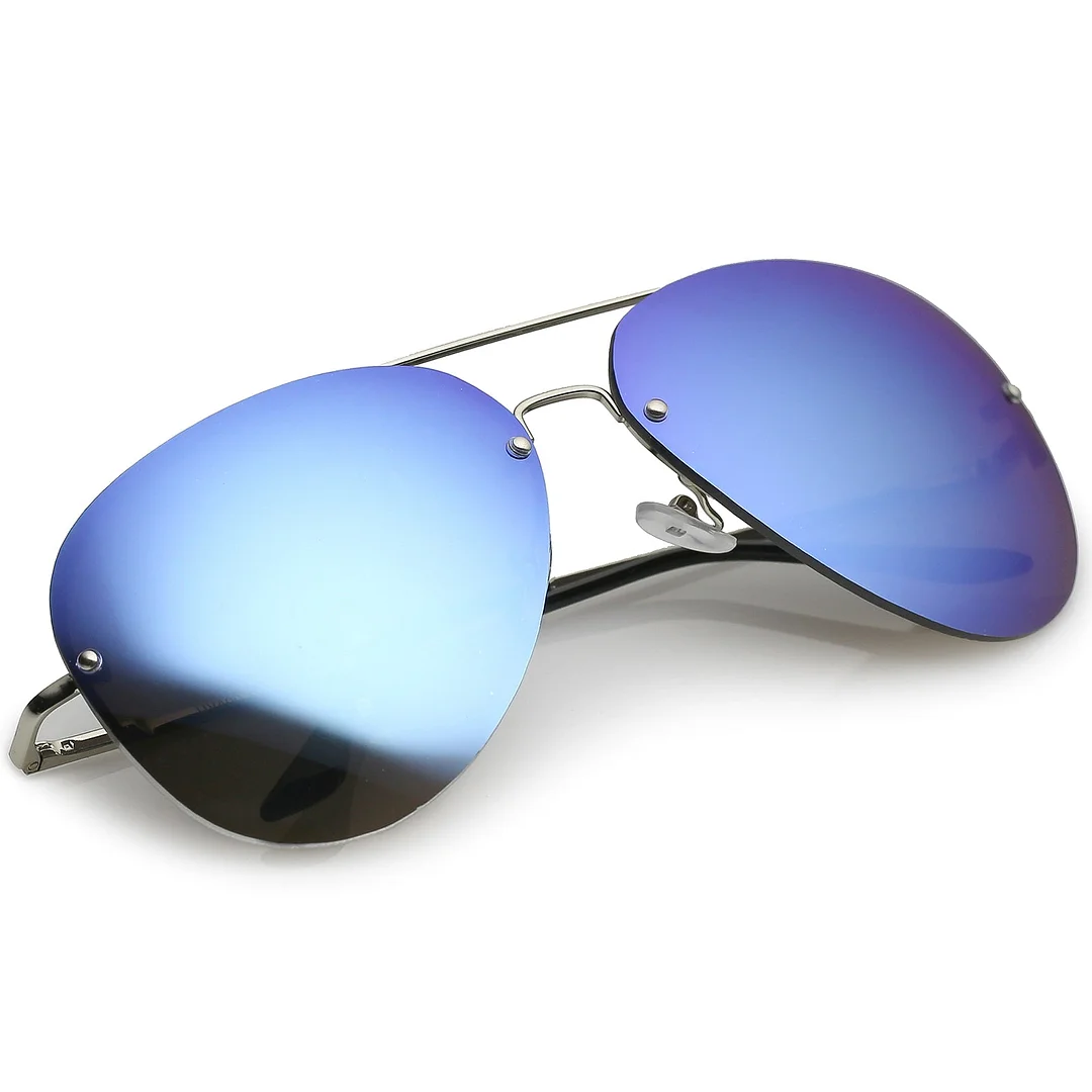 Oversize Rimless Aviator glasses Teardrop Mirrored Lens Metal Slim Arms 65mm