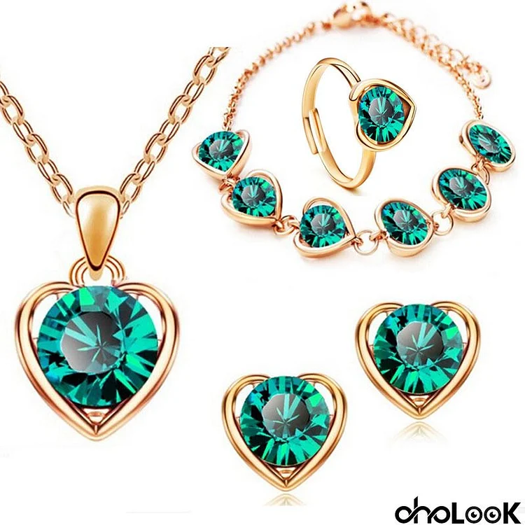 Women Fashion Heart Shaped Inset Gemstone Pendant Necklace Stud Earrings Ring Bracelet Jewelry Set (4 Items)