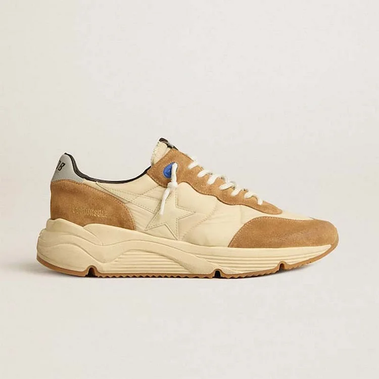 Golden Goose Running Sole Uomo in Nylon Avorio e Camoscio Tabacco con Stella in Pelle Avorio