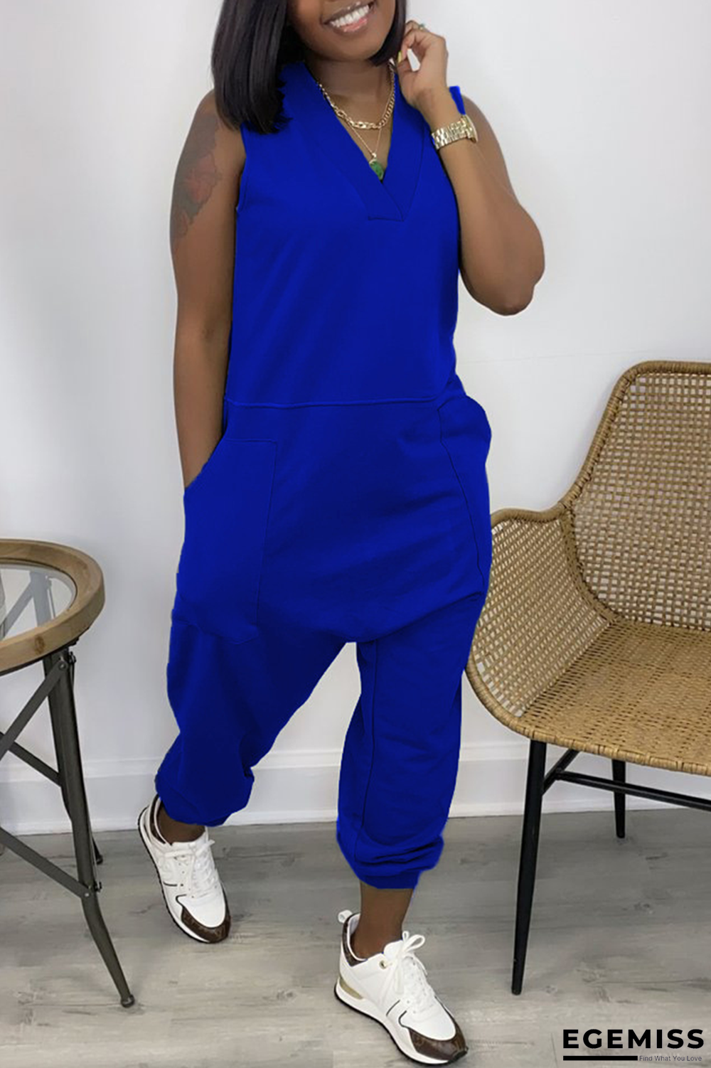 Blue Casual Solid Patchwork V Neck Straight Jumpsuits | EGEMISS