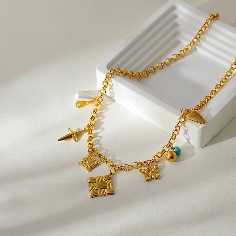 Elegant Classic Style Animal Star Heart Shape 304 Stainless Steel Pearl Beaded Inlay Multi Charms Necklace